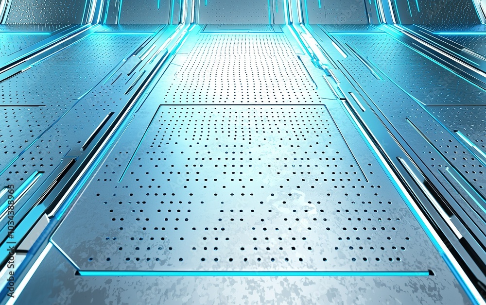 Poster futuristic metallic floor embedded with blue lighting and perforated patterns in a technologically a