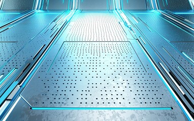 Obraz premium Futuristic metallic floor embedded with blue lighting and perforated patterns in a technologically advanced environment