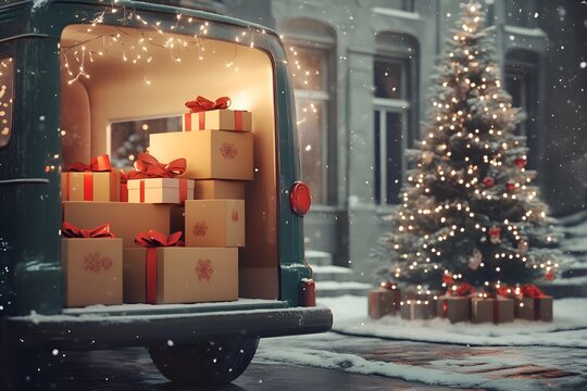 Gift boxes in a car on winter street. Christmas tree in the background.