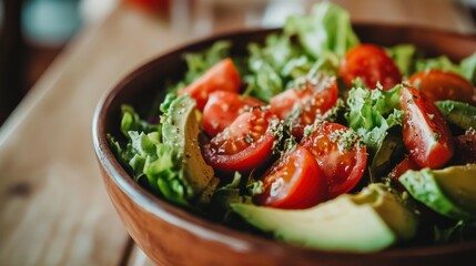 Close-up of a Salad with Tomatoes, Avocado, and Lettuce in a Wooden Bowl