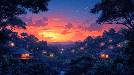 Naklejka premium Sunset Over Jungle Cabins