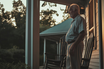 Fototapeta premium Elderly man standing on a porch at sunset next to a rocking chair with a thoughtful expression