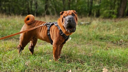 Pies Shar Pei na spacerze w lesie © WTFSebastian