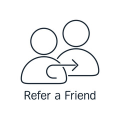 Refer a friend concept. Friends for community or social media group and earn rewards, money bonus. Online referral program. Vector linear icon isolated on white background.