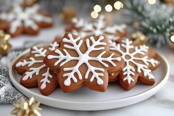 Gingerbread Cookies Decorated with White Icing in Snowflake Shape