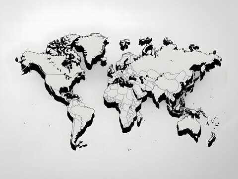 Un mapa del mundo en blanco con bordes de sombra sobre un fondo blanco
