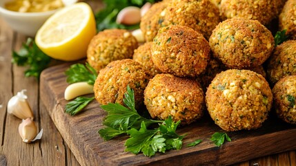 Crispy falafel wraps, isolated on a wooden board with decorative parsley, lemon wedges, and garlic cloves