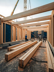 Sitio de construcción donde se está construyendo una extensión del edificio con una estructura de madera robusta  © Leonardo