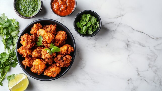 Crispy pakoras, isolated on a light marble surface with decorative chutney bowls and fresh coriander