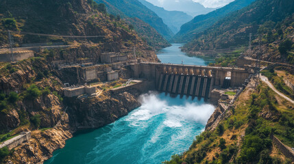 Picture a hydroelectric plant nestled in a stunning natural landscape, where a majestic river cascades down a rocky terrain. 