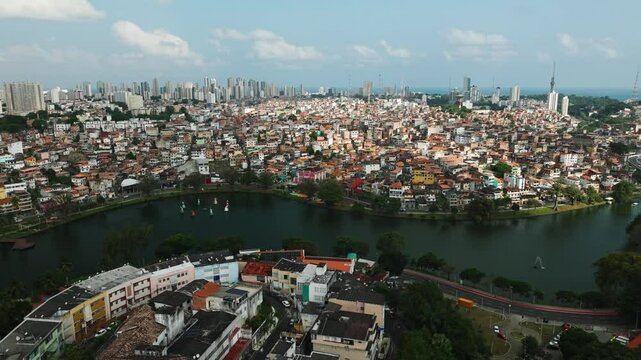 Aerial view of Salvador Bahia Brazil, old and modern buildings Orixa statues in the Dique de Tororo park in the city center. Salvador is a Brazilian municipality and capital city of state of Bahia.