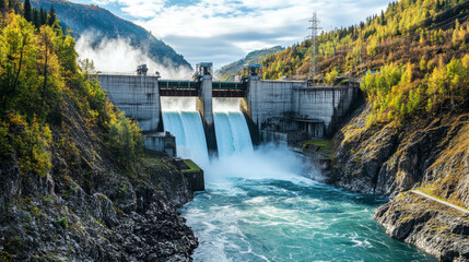 Picture a hydroelectric plant nestled in a stunning natural landscape, where a majestic river cascades down a rocky terrain. 