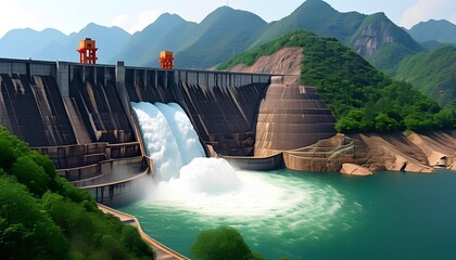 Water rushing over a dam in a mountainous landscape