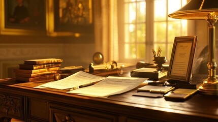 A Well-Lit Desk with Documents, Books, and a Lamp