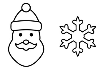  line art of Santa Claus hat and beard, Holiday gingerbread man cookie, Snowflake and Christmas chimney icon. 