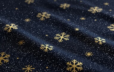Naklejka premium Elegant golden snowflakes scattered across a dark blue fabric background showing a winter theme perfect for holiday decor