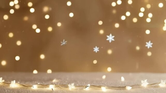 Beige Background with Scattered White Snowflakes and Glittering Lights
