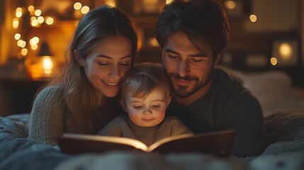 A couple sits comfortably on a bed, reading a bedtime story to their smiling toddler. The room is softly illuminated by warm lights, creating a serene atmosphere.
