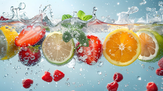 Rodajas de frutas frescas sumergidas en agua con salpicaduras