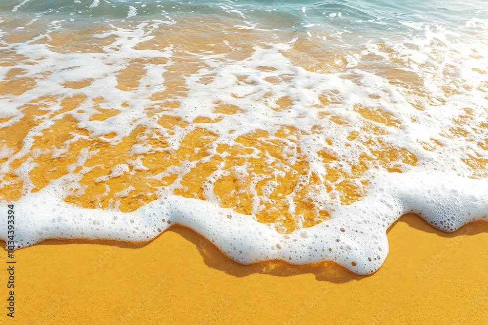 Wall mural a gentle wave receding back into the ocean leaving behind bubbles and foam patterns on the golden sa