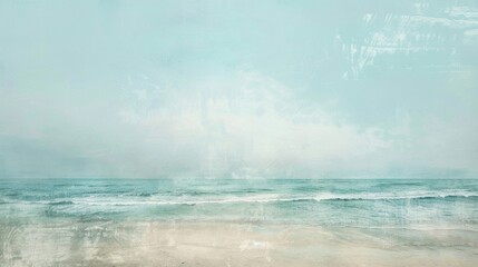 A gradient of pale sands and muted ocean tones collide in a grainy coastal scene evoking a sense of relaxation