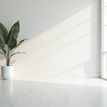 sala com parede e piso branco liso com planta e janela mockup	