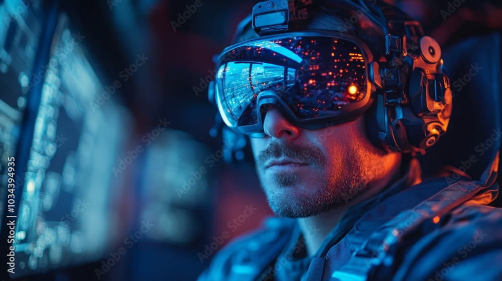 Poster a military pilot focuses intently inside a sophisticated cockpit, wearing modern goggles that enhanc