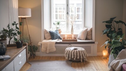 Fototapeta premium a living room with a couch and a candle on the table