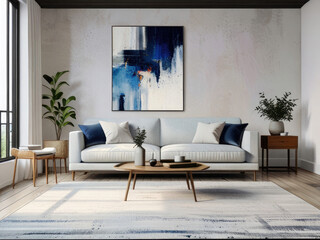 Modern living room interior featuring cozy, plush blue andwhite sofas a wooden side table with decorative items, and minimalist decor. The space is enhanced by a large abstract painting and a soft rug