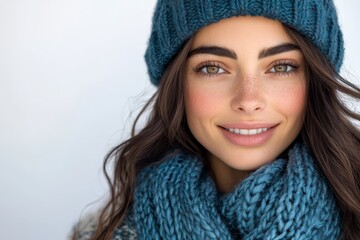 A cheerful brunette woman smiling brightly in a vibrant navy winter hat and scarf against a solid white background, radiating warmth and happiness