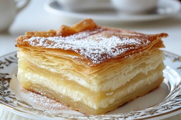 A Single Slice of Flaky Pastry with Creamy Filling and Powdered Sugar