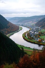 Fototapeta premium Scenic River Valley Landscape with Autumn Colors in a Serene Countryside Setting