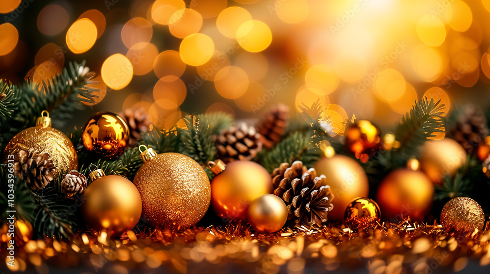 Wall mural Christmas background with golden decorations and bokeh lights. Copy space.