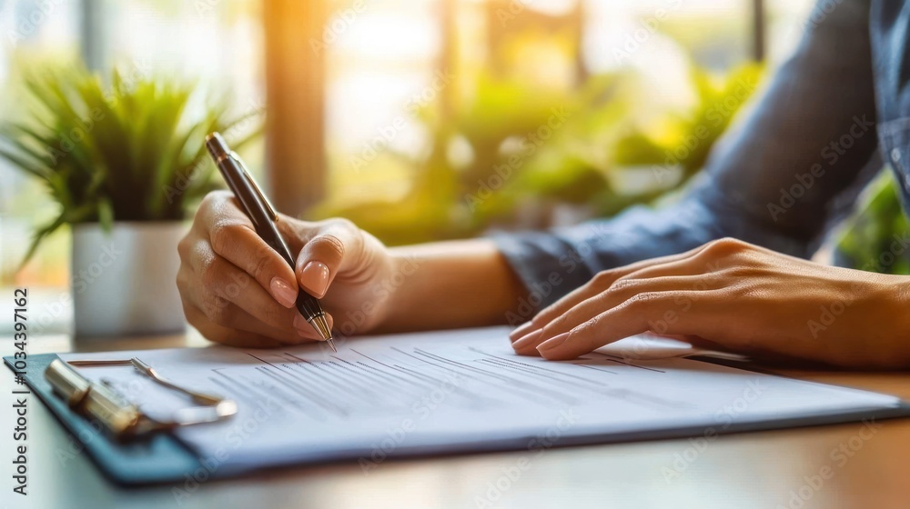 Poster close-up of hand signing a document with a pen