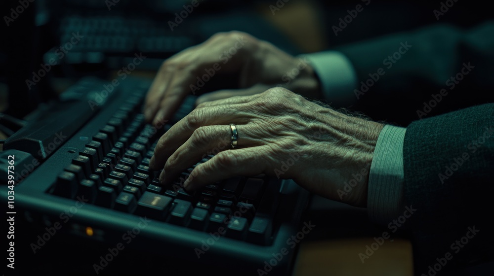 Poster Close-up of a hand typing on a keyboard with a ring on the finger