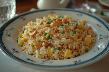 A Close-Up of a Plate of Fried Rice with Cashews, Peas, and Pineapple Chunks