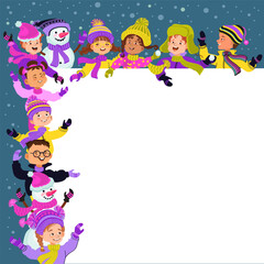 Happy kids in bright winter clothes and a snowman. Greeting card or poster template. Cheerful cartoon children and a place for your text. Vector flat illustration.