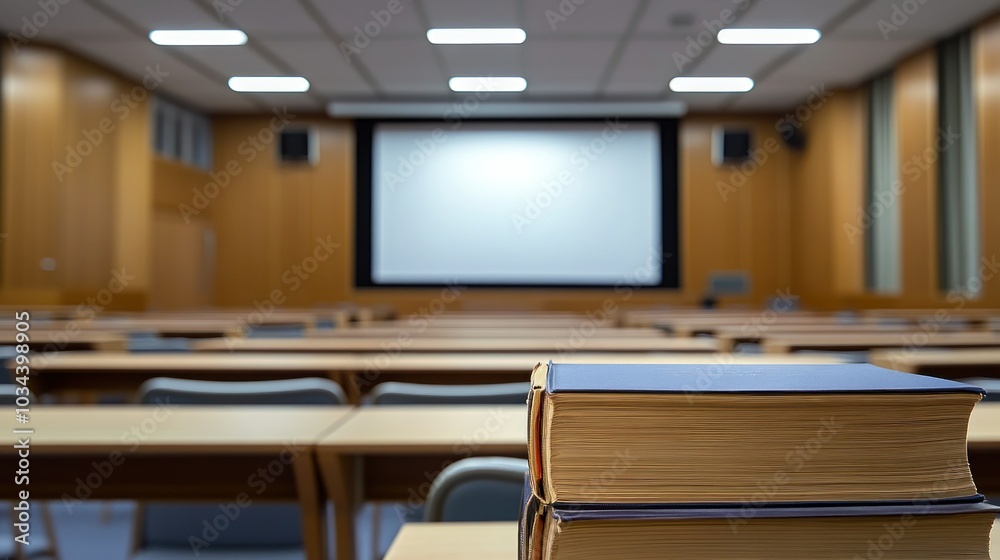 Poster Stack of Books on a Table in a Lecture Hall
