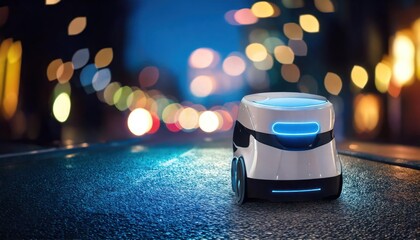  Autonomous Delivery Robot Navigating City Streets at Night blurred background with night 
