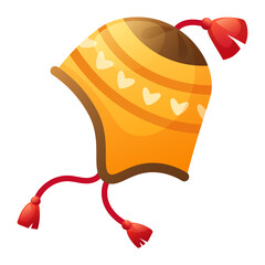 Autumn winter yellow hat with tassels isolated on white background. Modern wool knitted headwear. Fashionable cap, warm clothes for cold weather. Clothes icon, vector illustration.