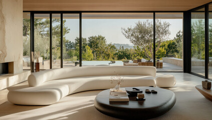 Fototapeta premium Modern living room interior featuring a curved sofa and panoramic views of nature in bright daylight