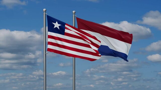 Netherlands and Liberia flags flying together, video concept of the relationship, two country relations concept