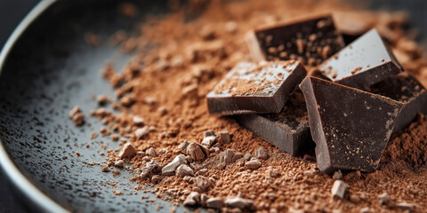 Dark chocolate chunks and cocoa powder: rich, rustic dessert ingredients for gourmet baking