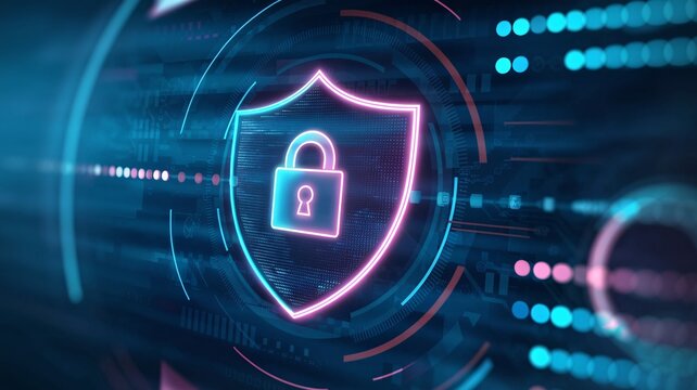 a digital shield icon, symbolizing cybersecurity. 