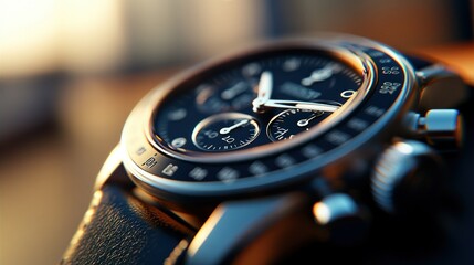 Fototapeta premium Close-up of a Luxury Chronograph Watch with Black Face and Silver Bezel