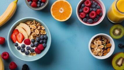 Healthy Fruit and Granola with Smoothies and Empty Space for Text
