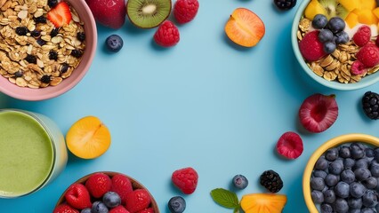 Healthy Fruit and Granola with Smoothies and Empty Space for Text