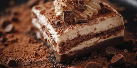 Delicious tiramisu dessert with chocolate chips and cocoa dust