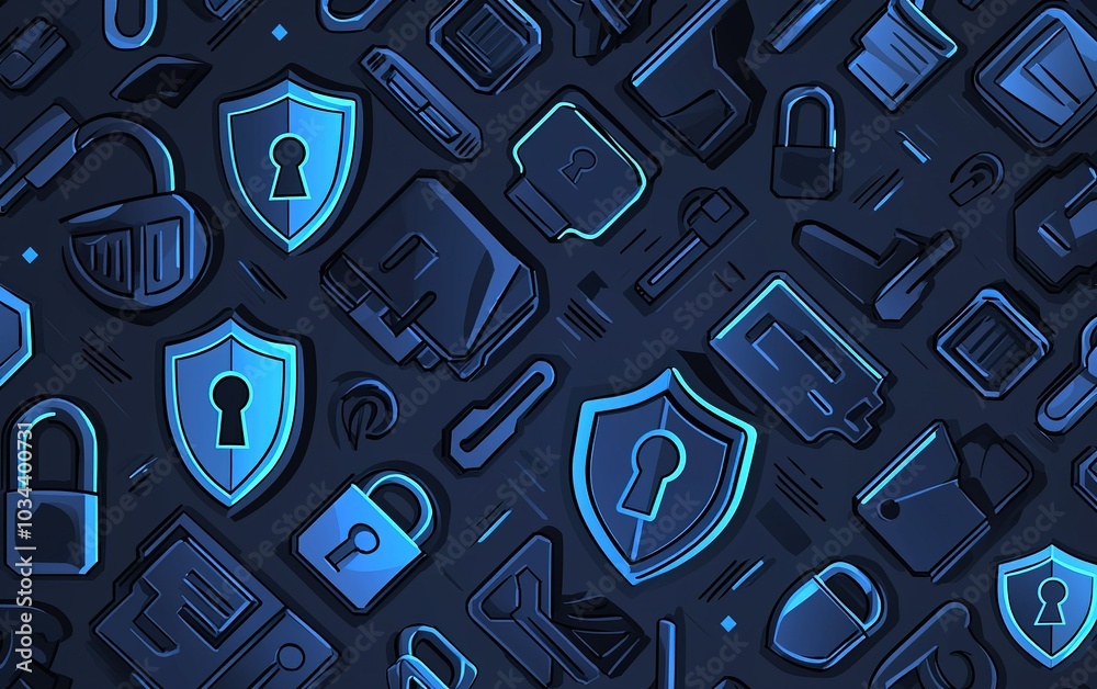 Poster colorful digital pattern featuring shields and locks representing security concepts in a modern desi