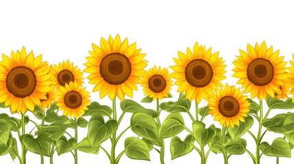 Flat vector illustration of sunflowers growing in rows, against a white background, in a simple and clean style, with bright colors